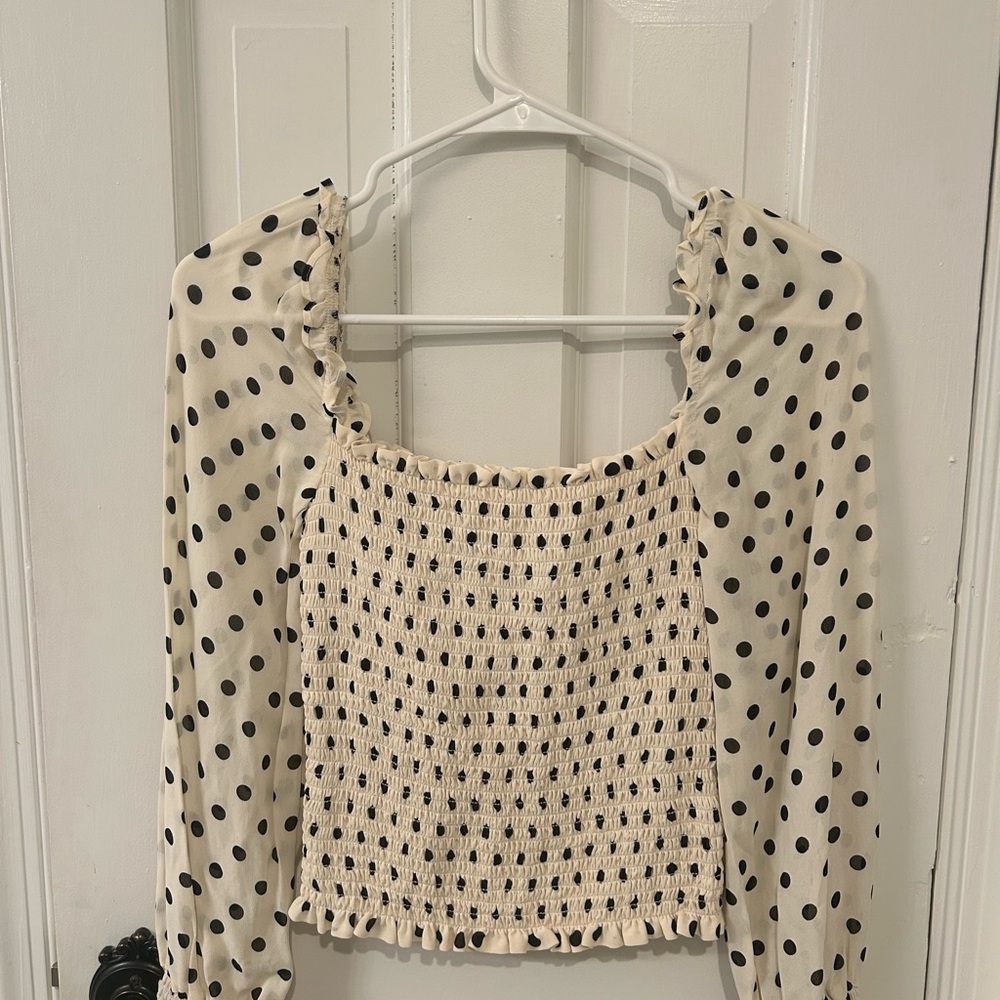 Reformation Black Polka Dot Smocked Blouse